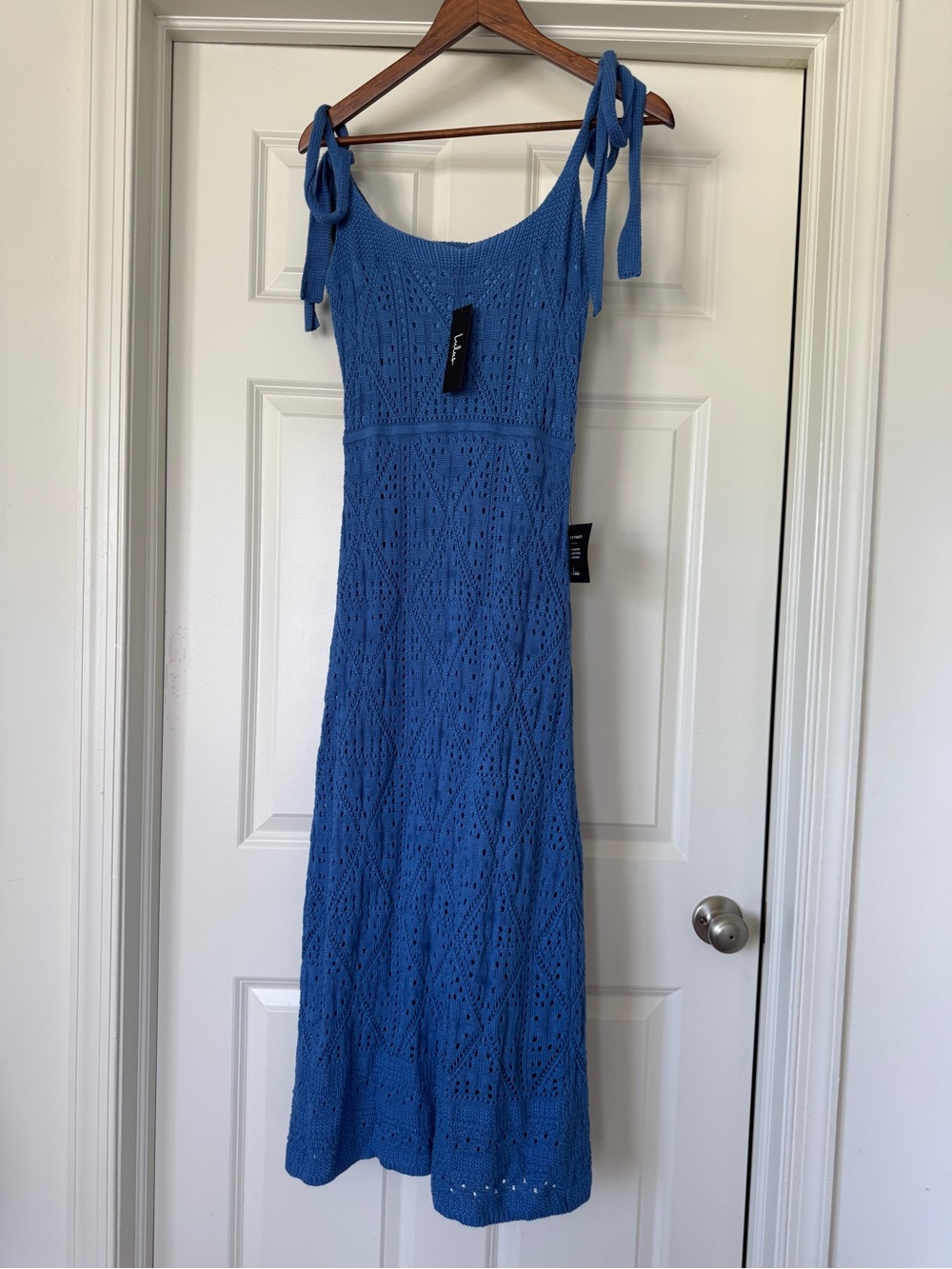 NWT Lulu's Cornflower Blue Knit crochet Tie-Shoulder Maxi Dress